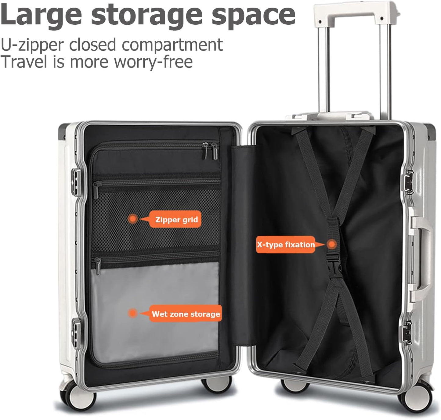 feilario 20in Aluminium Frame PC Hard Shell Spinner Wheels Luggage, Built-In TSA lock Carry on Suitcase, with Cup Holder, USB Port, Phone Holder ﻿