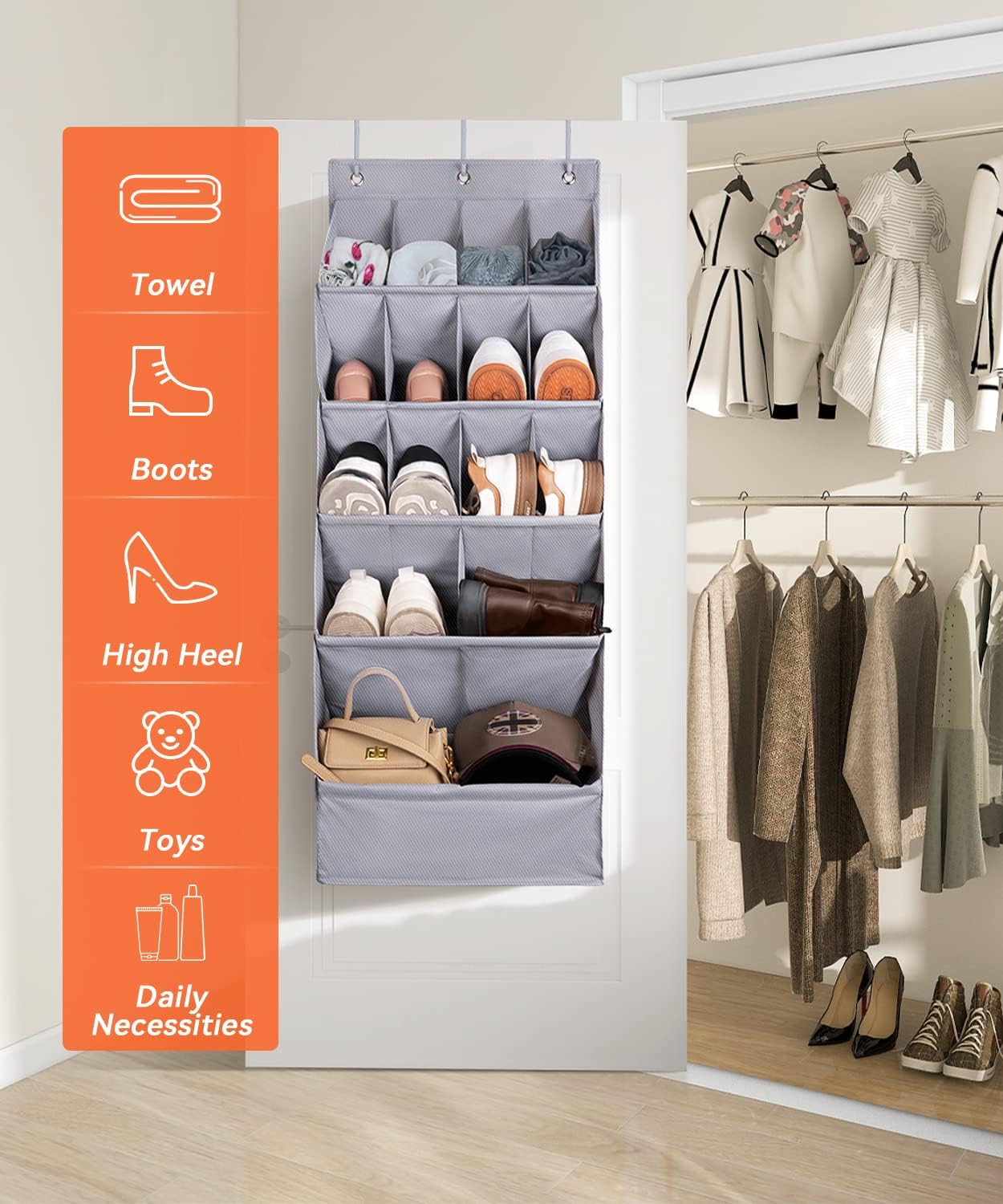 FENTEC 1 Pack Over-the-Door-Shoe-Organizers, Hanging Shoe Organizers with Large Pocket Shoe Holder Hanging Shoe Rack for Closet Shoe Organizer for Wall, Over Door Organizer with 15 Pockets Gray