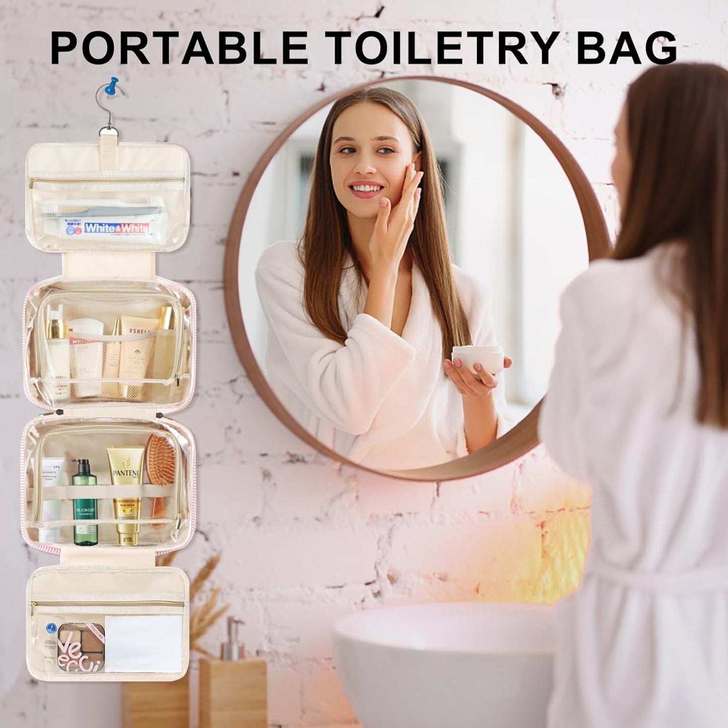 TOPEAST Travel Toiletry Bag for Women - Hanging Toiletry Bag, Large Capacity Personalized Makeup Pouch, Travel Essentials - Letter D, Pink
