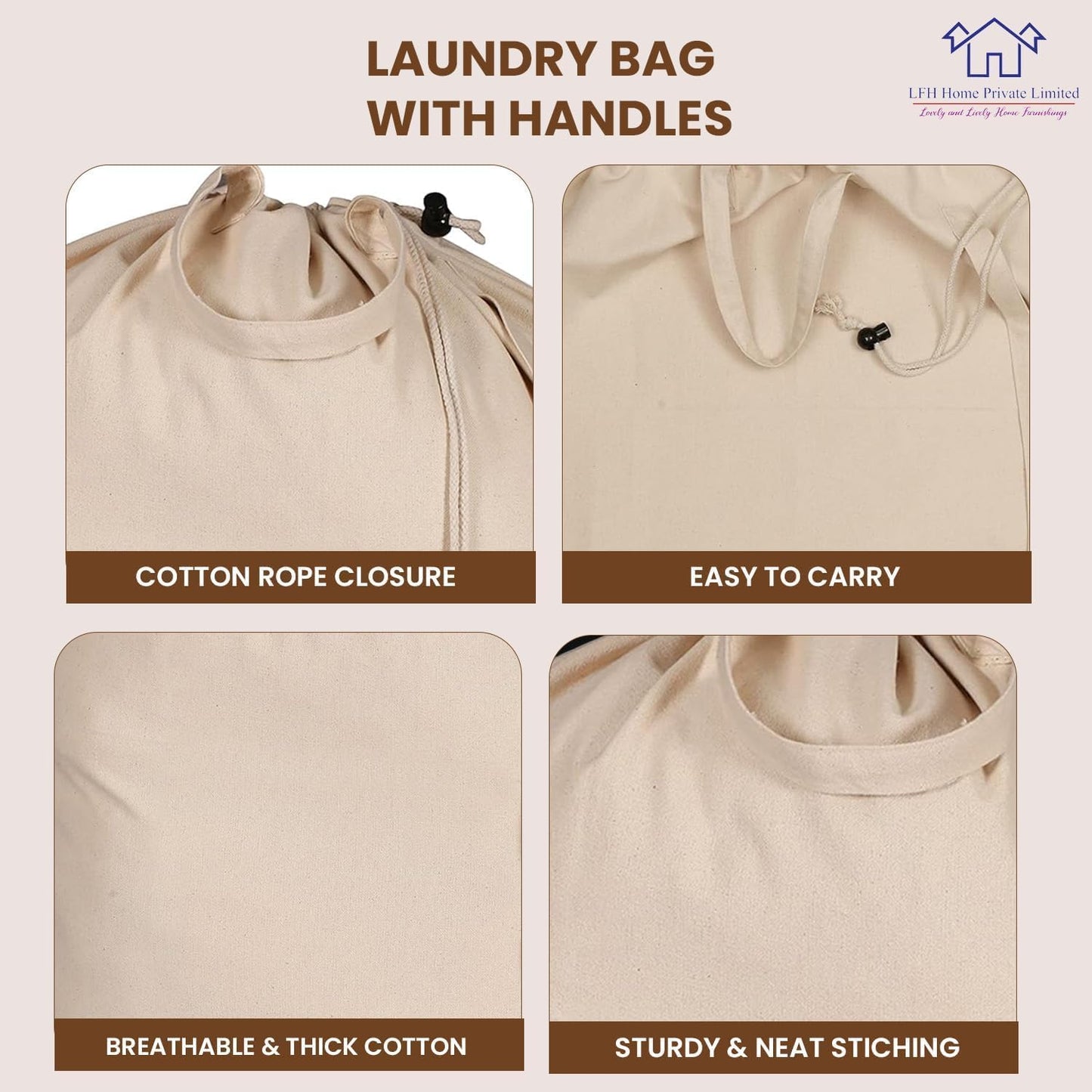 LFH Home Large Premium 100% Cotton Canvas Laundry Bag with Drawstring and Handles Heavy Duty, Multi-Use, and Washable for Home, Travel, College or Storage 28x36 (Pack of 2)-Natural