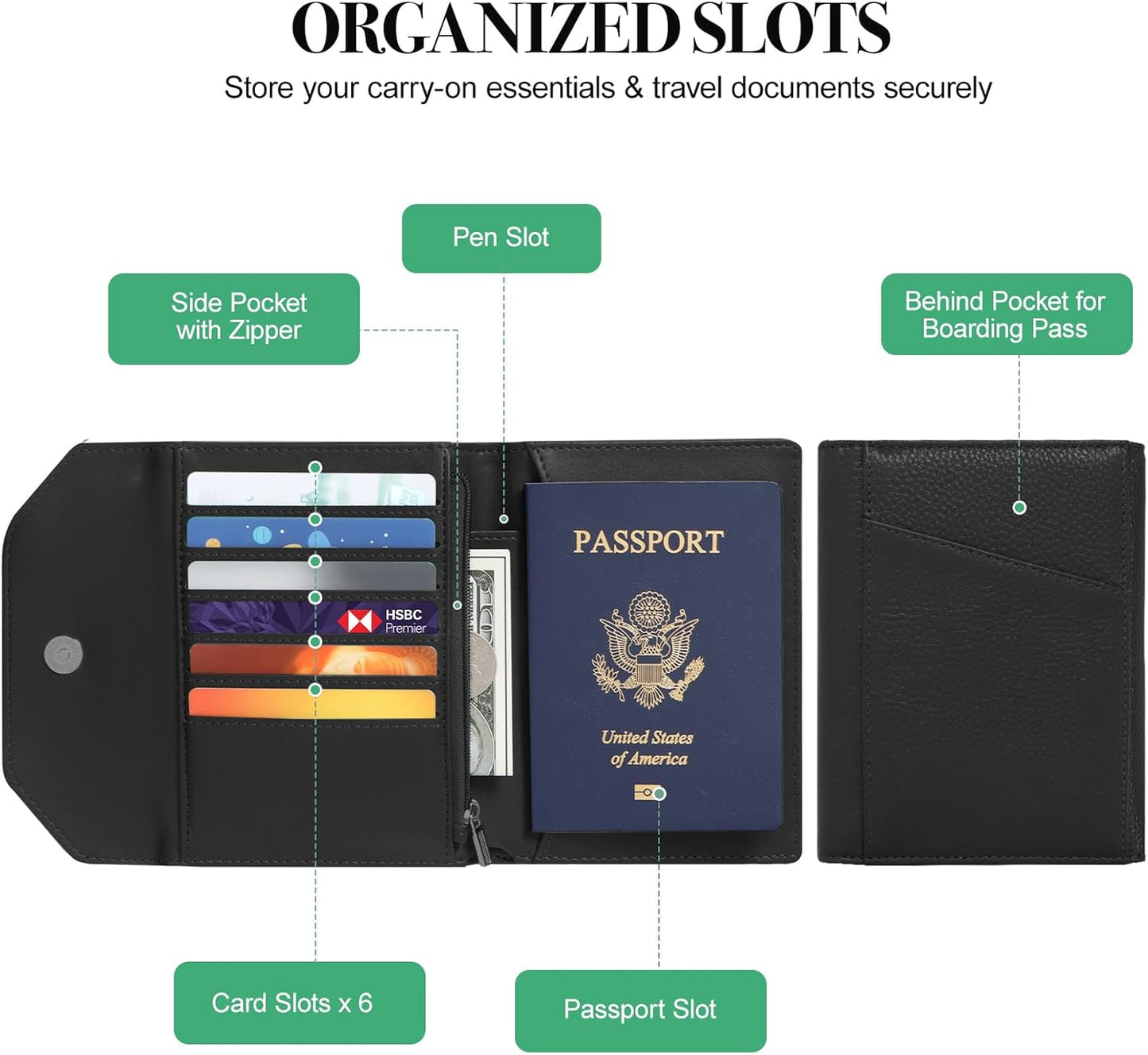 Leather Passport Holder for Travel,Passport Book Holder，Rfid Blocking Travel Wallet Protect Your Card Security, Travel Document Organizer for Men Women,Airport Essentials Gift (Black)