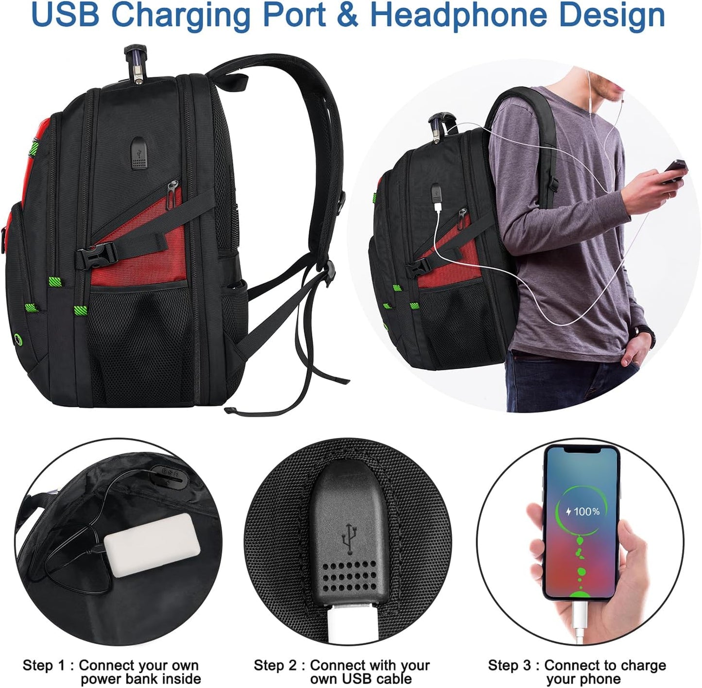 Z-MGKISS 52L Extra Large Laptop Backpack, Travel Computer Bag with USB Port, TSA-Approved Business Rucksack for Men Women, Heavy Duty Backpack Fits 17.3 Inch Laptop & Notebook, Red