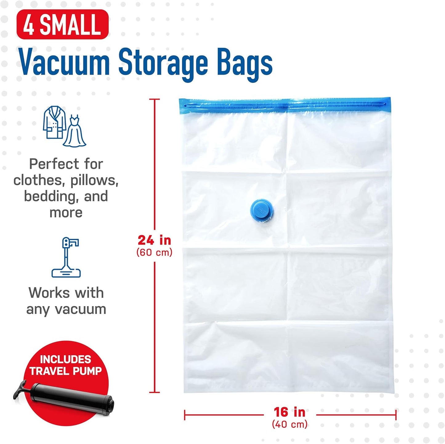 4 Pack Small Vacuum Storage Bags for Comforters, Blankets & Clothes – Vacuum Sealed Compression Bags with Hand Pump – Space Saver Storage Bags for Bedding, Moving, Travel & Organization