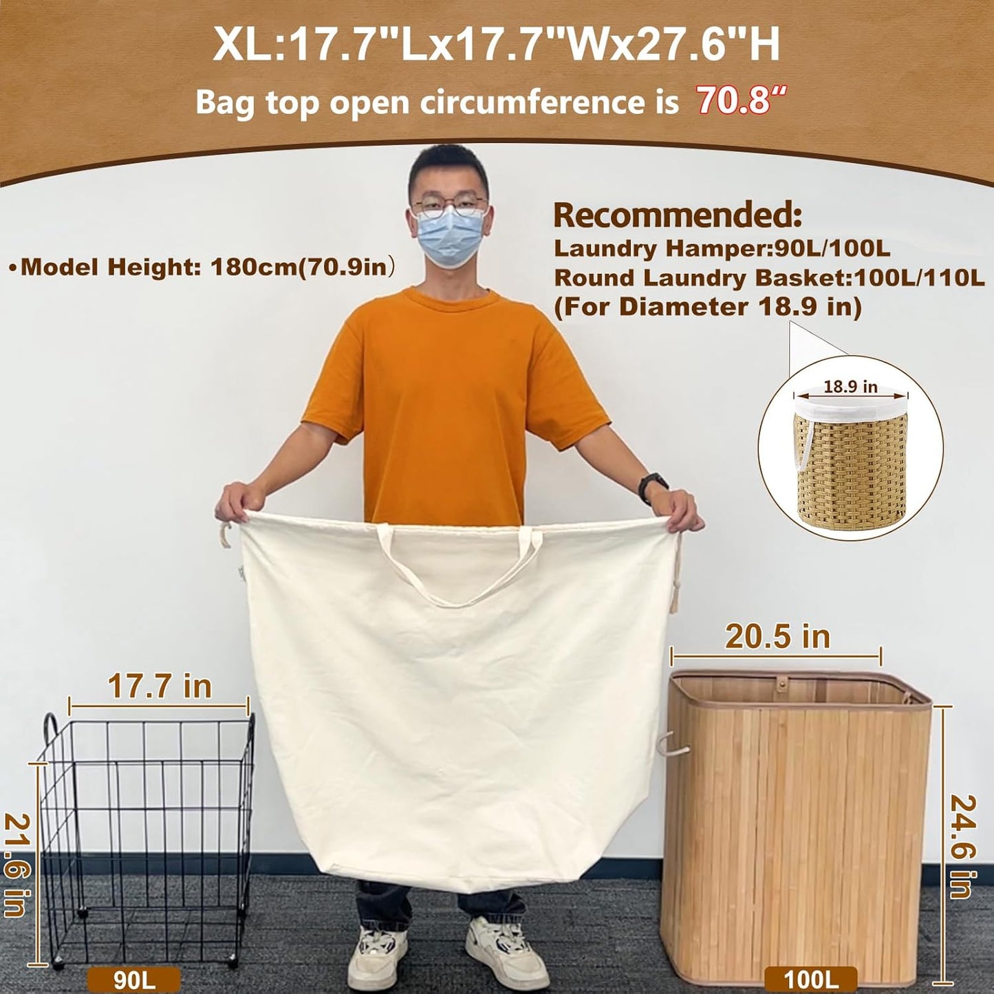 Canvas Laundry Bags 18x18in with Handles & Square Base, Extra Large Heavy Duty Laundry Basket Hamper Liner, Washable Drawstring Dirty Clothes Bag Canvas Storage Sack (Beige XL,1 Pack)