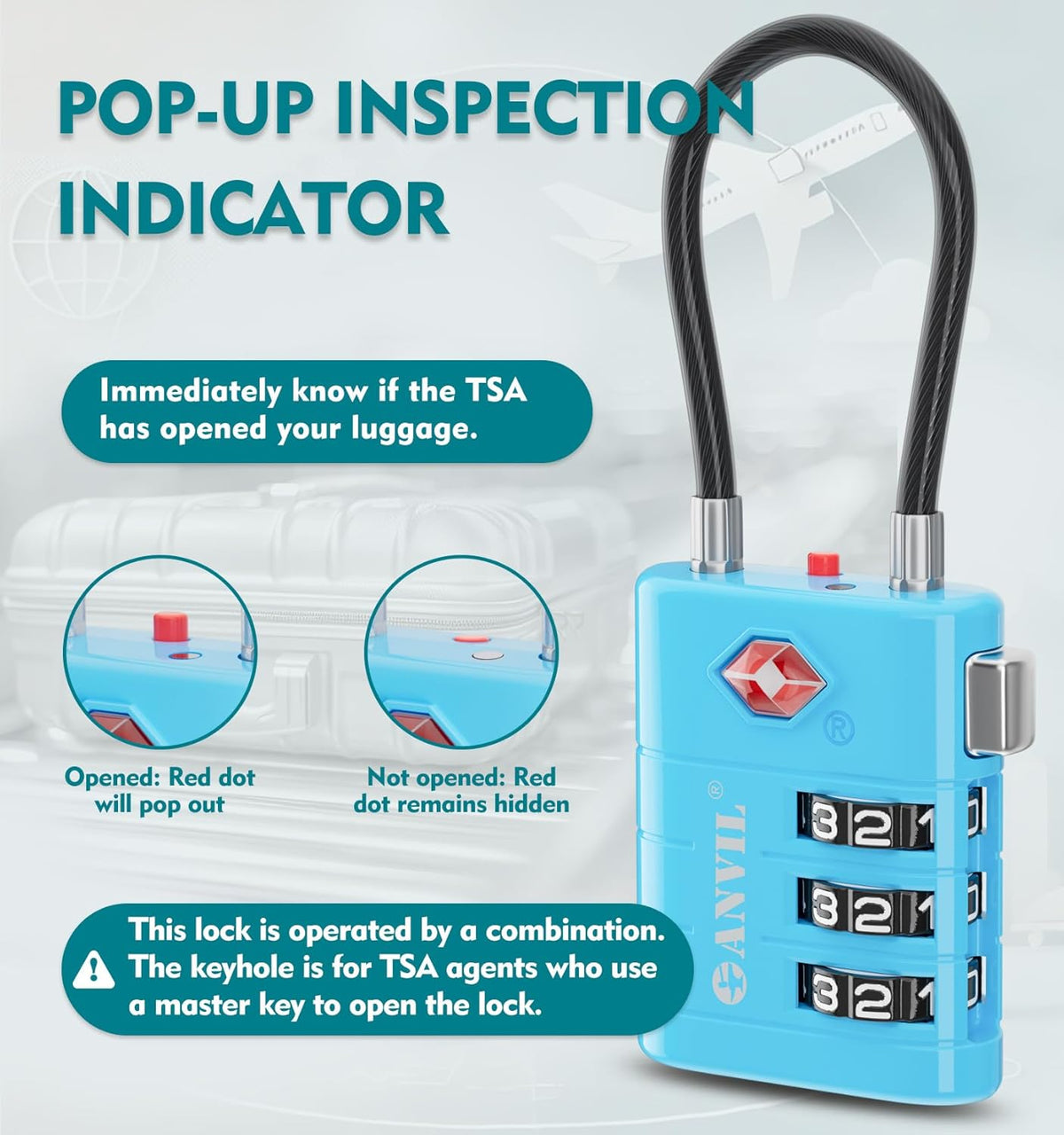 ANVIL TSA Approved Luggage Locks – High Security TSA008 Combination Travel Locks with Inspection Indicator for Suitcases and Backpacks. (4, Bule)