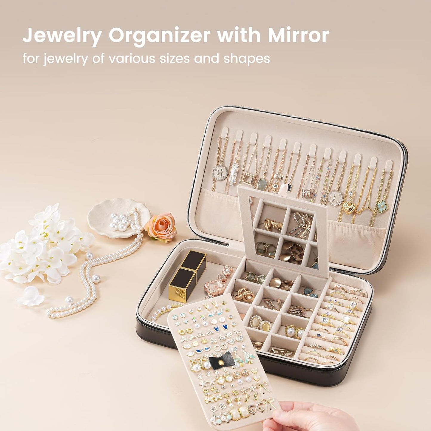 Lolalet Travel Jewelry Case for Women, Travel Jewelry Organizer Box with Mirror & Clear Storage Bag, Small Portable Traveling Earring Necklace Bracelet Ring Case, Bridesmaid Gifts -Large, Black