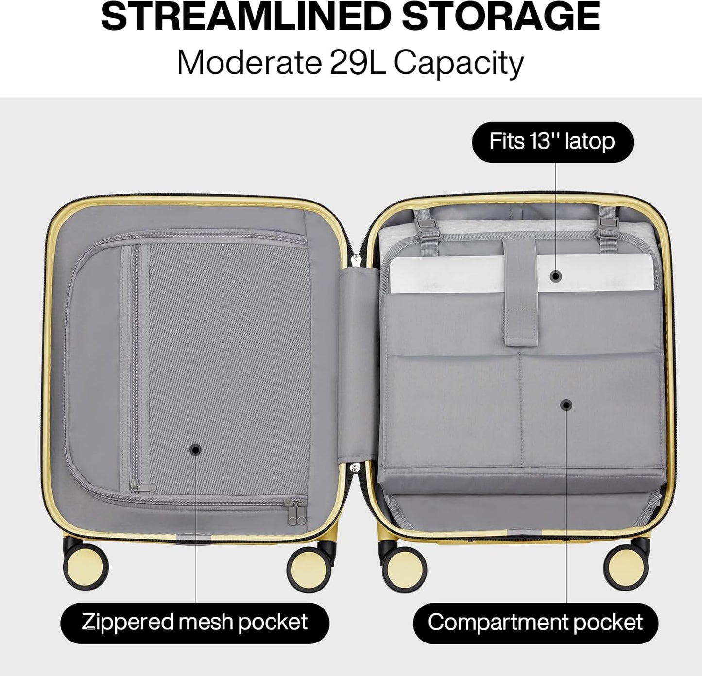 mixi Underseat Carry on Luggage 16 Inch Hardshell PC Suitcase with Spinner Wheels TSA Lock for Travel, Lark Yellow