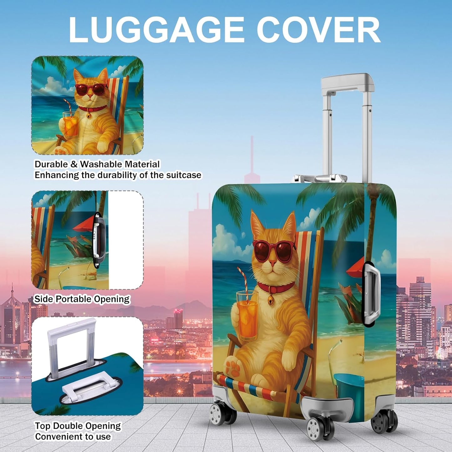ANNA QUEEN Summer Cat Luggage Cover, Cat in Sunglasses with a Beach Drink, Stretchable, Washable Travel Protector for 20-22 Inch Suitcases
