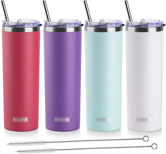 koodee 20 oz Tumbler with Lid and Straw-Stainless Steel Double Wall Insulated Tumbler Cup for Women, 4 Pack Skinny Tumblers (Wine red-Purple-Tiffany blue-White)
