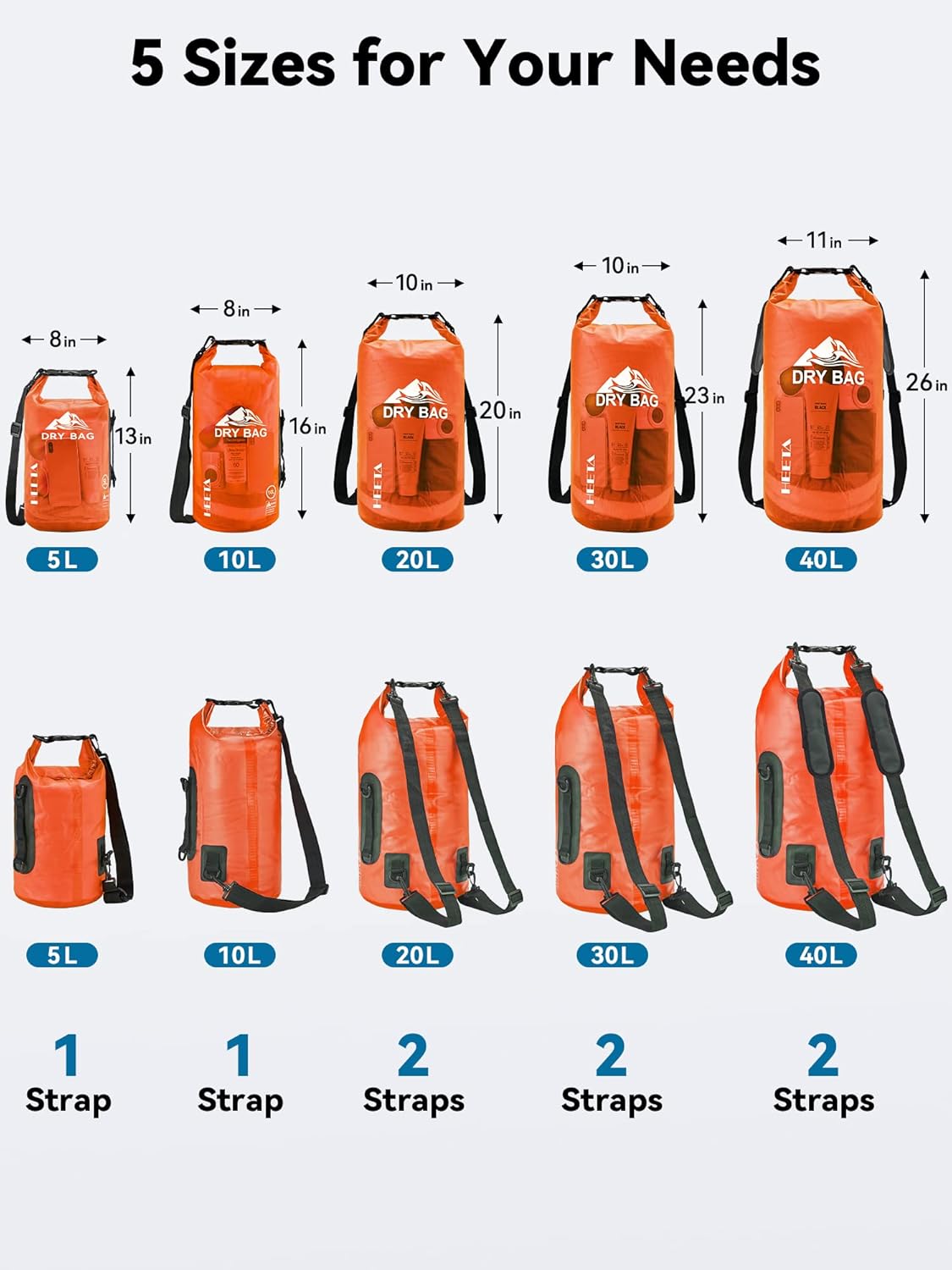 HEETA Dry Bag Waterproof for Women Men, 5L/10L/20L/30L/40L Roll Top Lightweight Dry Storage Bag Backpack with Phone Case for Travel Swimming Boating Kayaking Paddle Board Camping Beach Accessories
