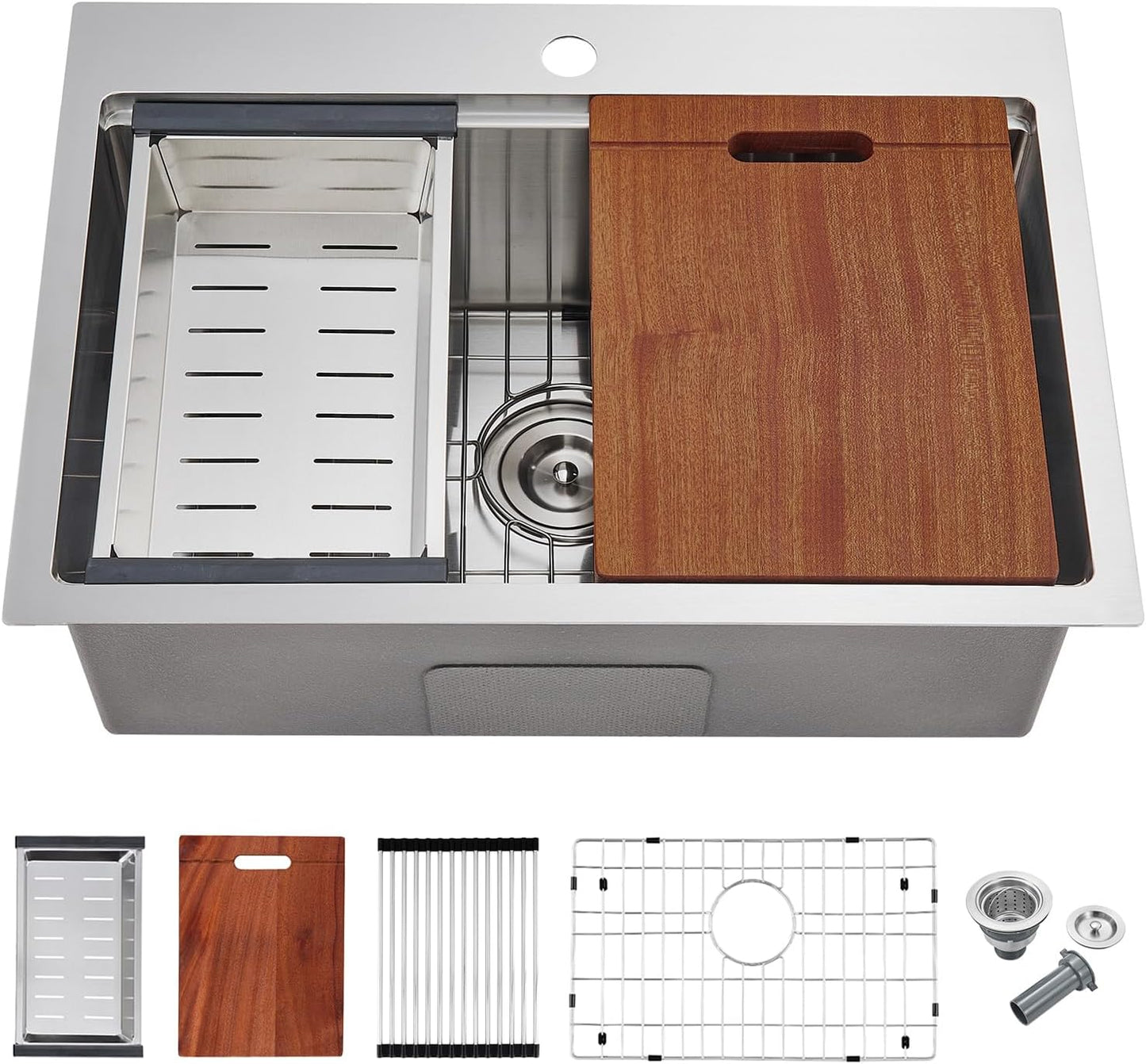 POPFLY 23×18 Inch Drop in Workstation Kitchen Sink, Handmade 18-Gauge 304 Stainless Steel Sinks Topmount 9-Inch Deep Single Bowl Modern Overmount Small Kitchen Sink with Cutting Board