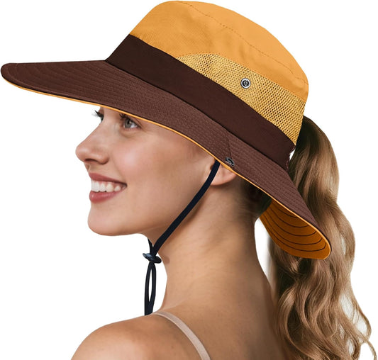 NPQQUAN Ponytail Sun Bucket Hats for Women Men Wide Brim UPF 50+ Fishing & Beach Hats