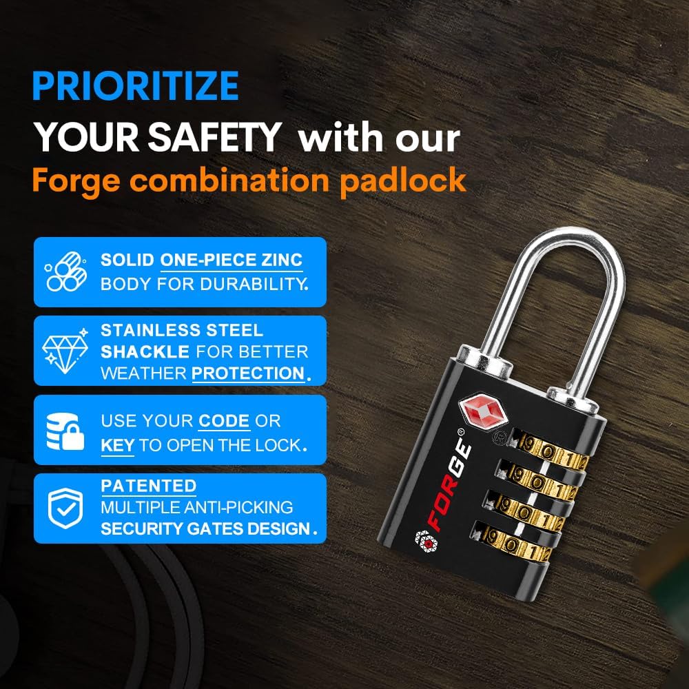 Forge Dual-Opening: Key or Combination Access Lock, TSA Approved Locks for Luggage, Pelican case, Travel, Gym, School, Stainless Steel Shackle. (Black, 4 Pk)