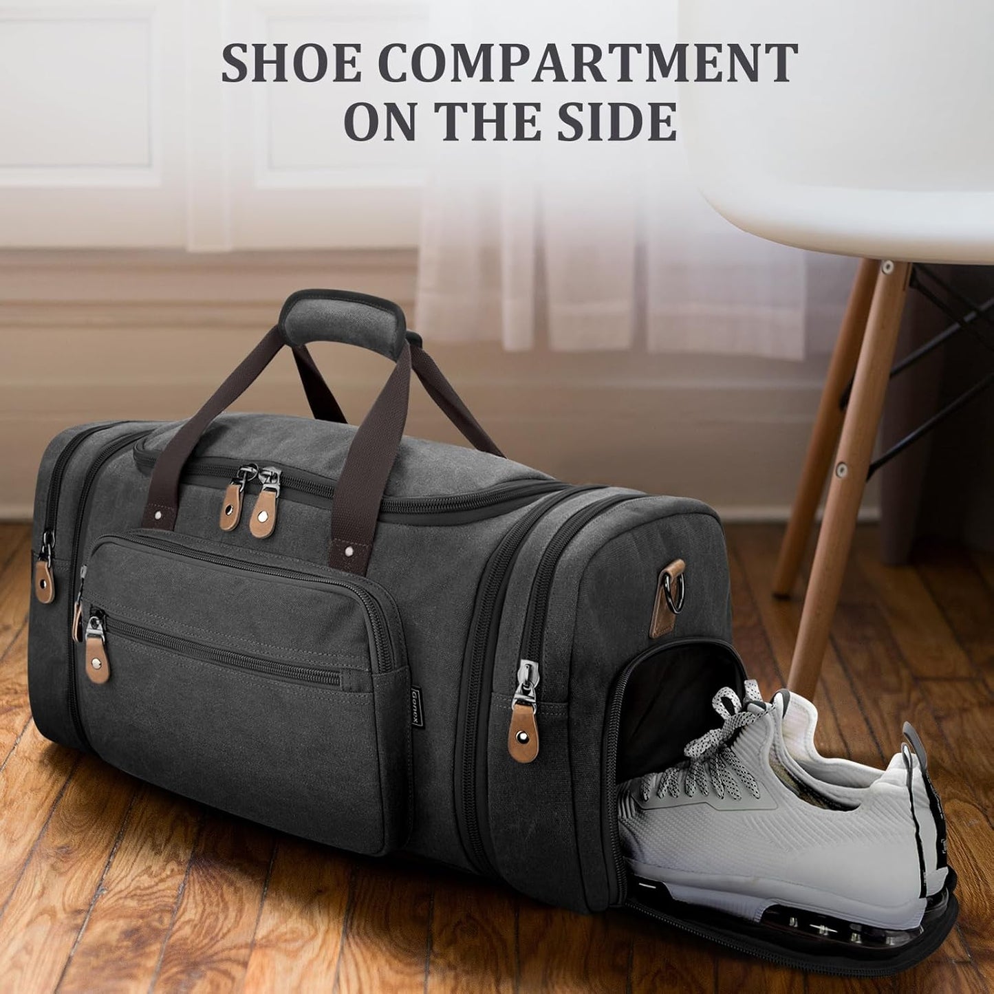 Gonex Canvas Duffle Bag 60L Travel Duffel Overnight Weekend Bag with Shoe Compartment (Dark Gray)