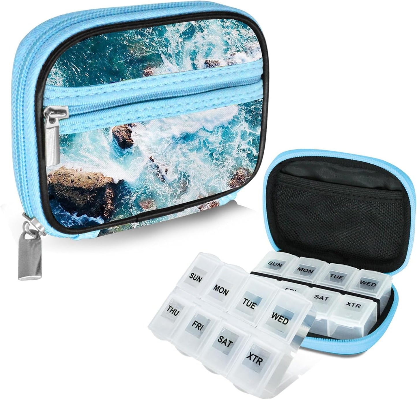 Serfeymi Weekly Travel Pill Organizer Pill Case for Purse with Removable 7 Day Pill Box, Fashionable Travel Medicine Organizer Pill Container for Medicine, Vitamin, Supplement - Blue 03 + Pill Box