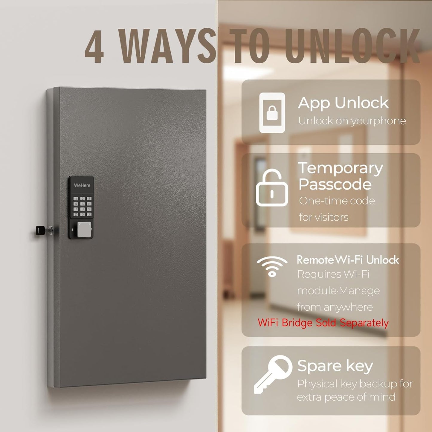 WeHere 96 Key Lock Box Wall Mount, APP Bluetooth/OTP/Wi-Fi/Fixed Code/Key Unlock, Smart Key Cabinet with Key Tag, Key Organizer Holder Box, Key Management Directory for Office, Valet, Realtor, Hotel