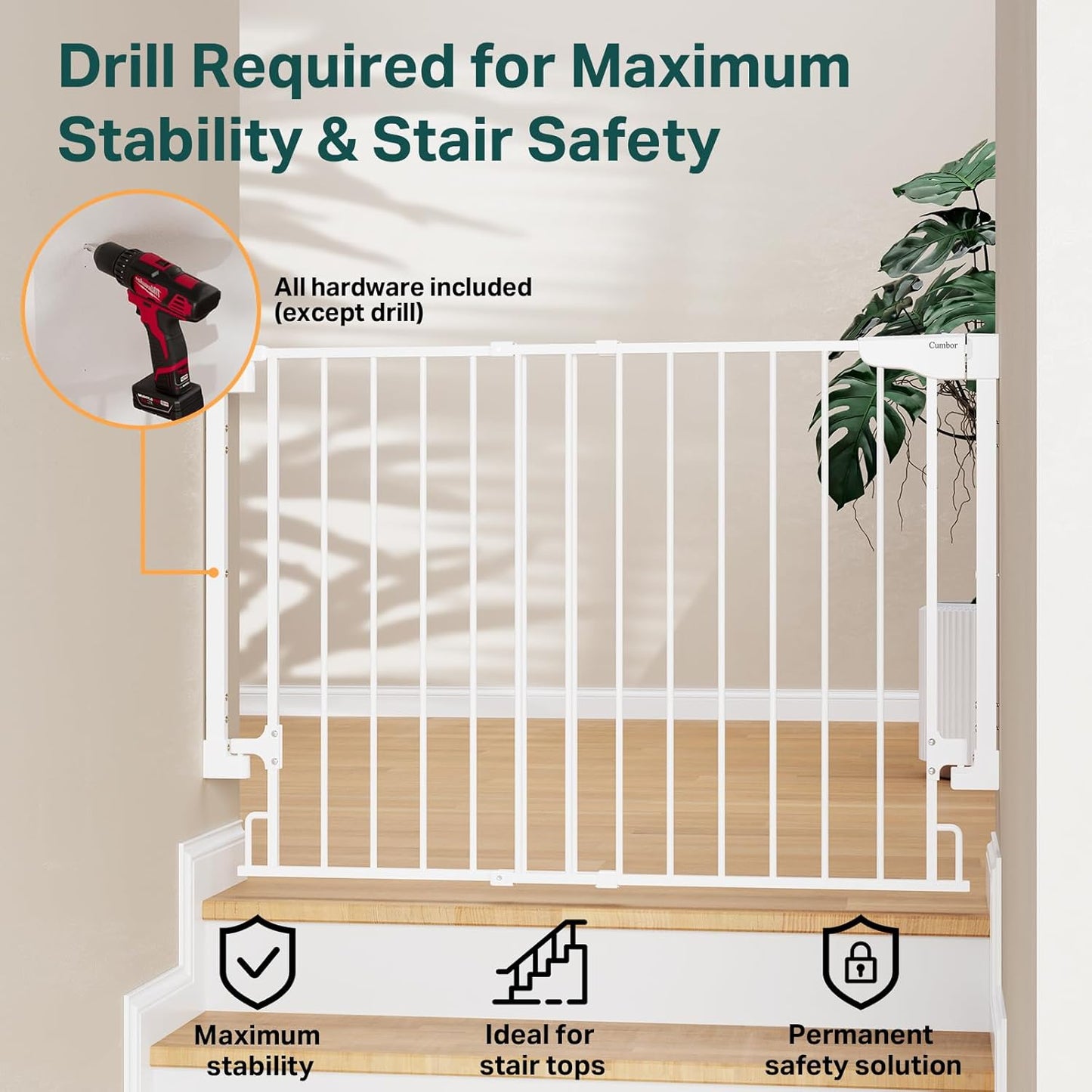Cumbor 29.2–43" Baby Gate for Stairs, Wall-Mounted (Drill Required), Expandable No Bottom Bar Dog Gate, Auto Close Extra Wide Walk Thru, Pet & Toddler Proof Gate, Top & Bottom of Stairways (White)