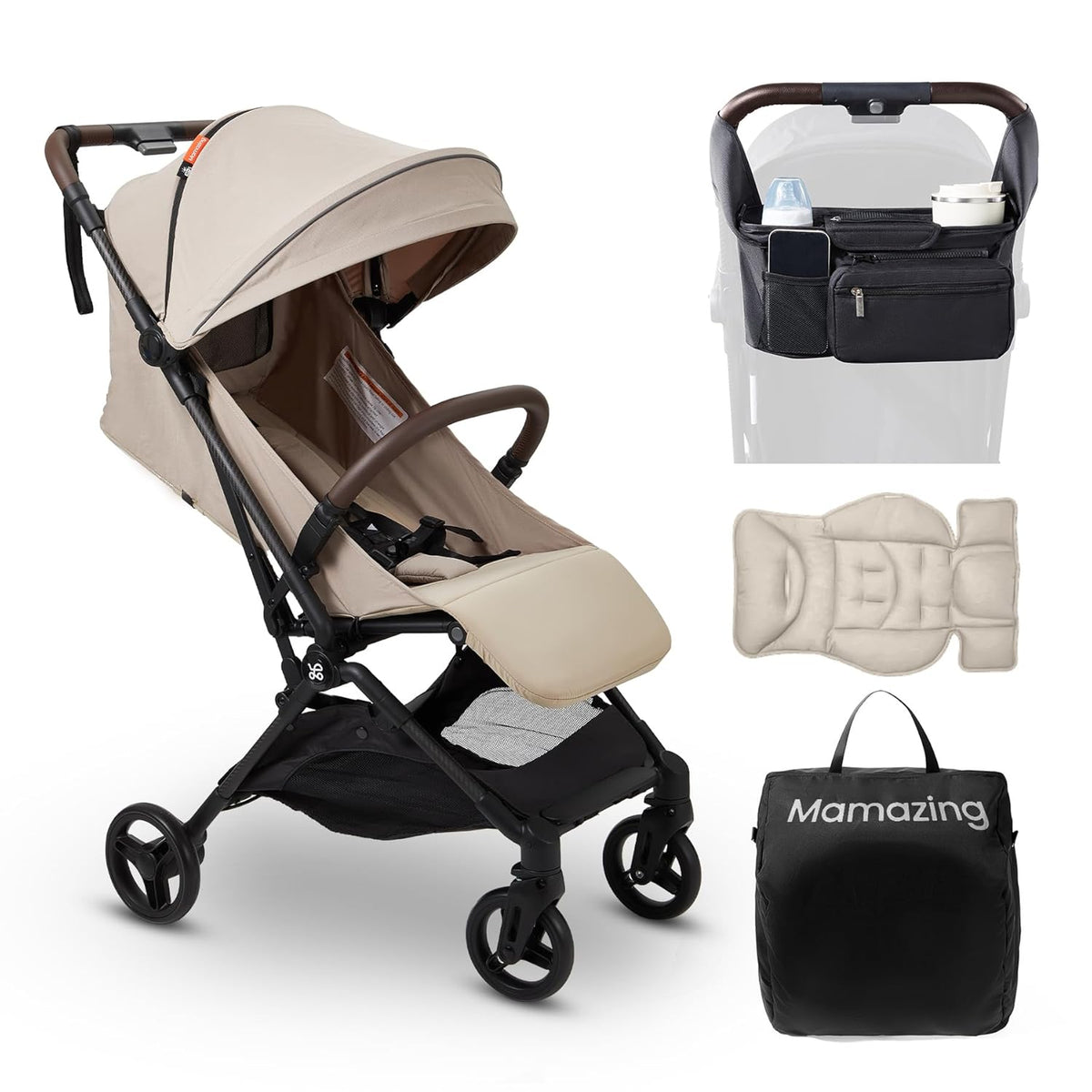 Lightweight Baby Travel Stroller with Carbon Fiber Frame, Compact & Airplane-Friendly, One-Handed Folding Design, 11.6 lbs, Perfect for Toddlers, Organizer & Cushion Included, Simply Taupe