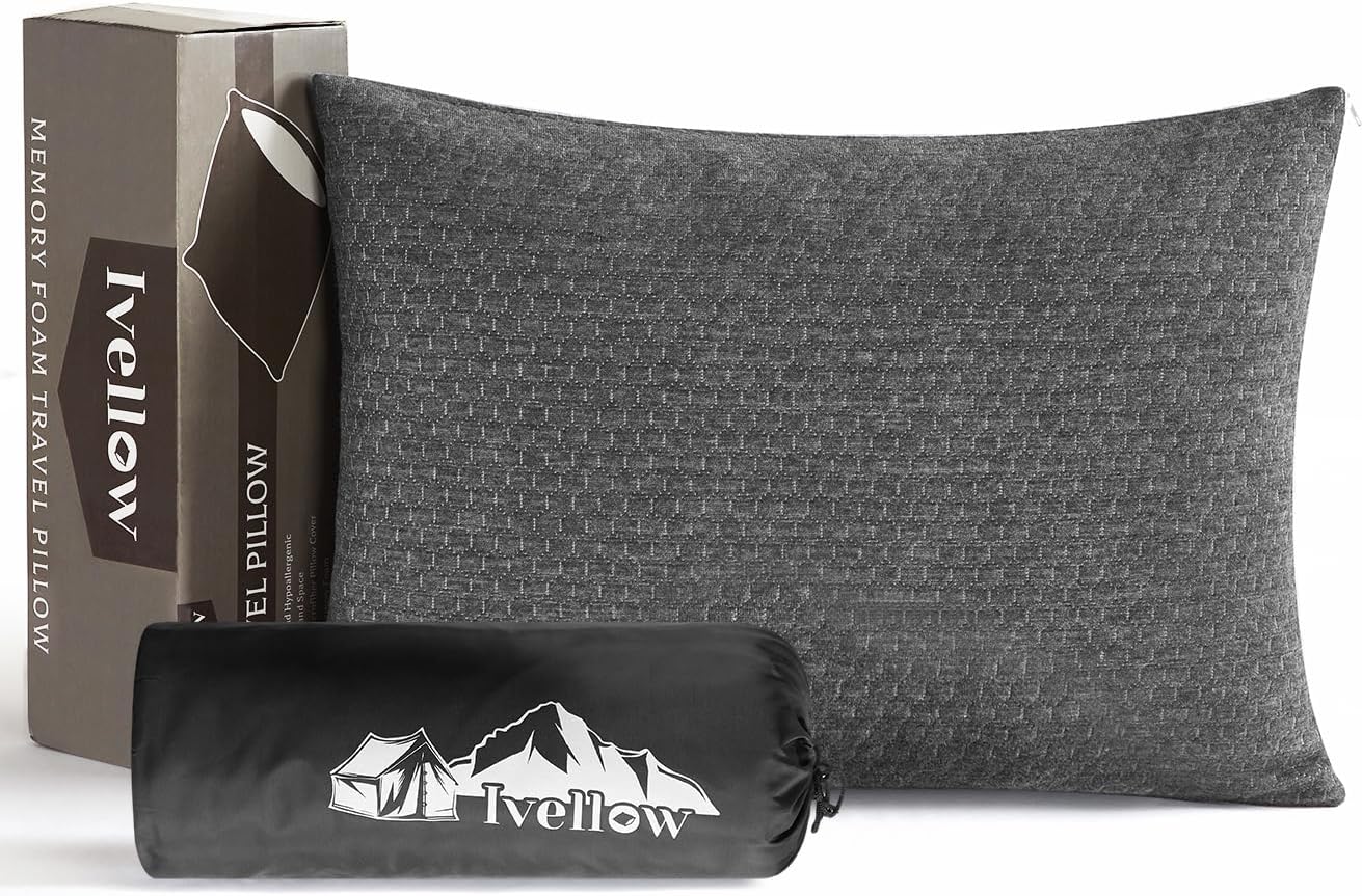 Ivellow Memory Foam Travel Pillow Compressible Camping Pillow for Sleeping Shredded Memory Foam Pillow Compact Firm Supportive Travel Pillow for Adults Kids Outdoor Backpacking Hiking Essential Gear-L