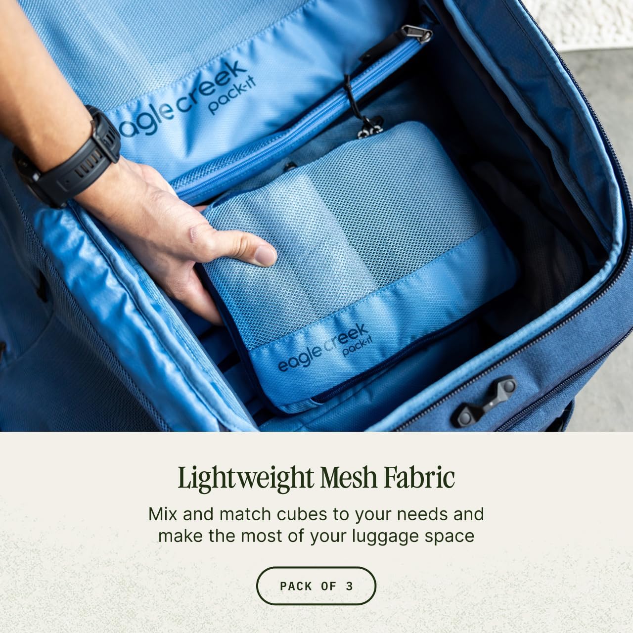 Eagle Creek Pack-It Reveal Cube Set - Packing Cubes for Compartmentalizing Luggage - Durable - Ultra-Lightweight - Water-Resistant - Easy Grab Zipper Pull - Mesh Windows - Blue Dawn - XS/S/M