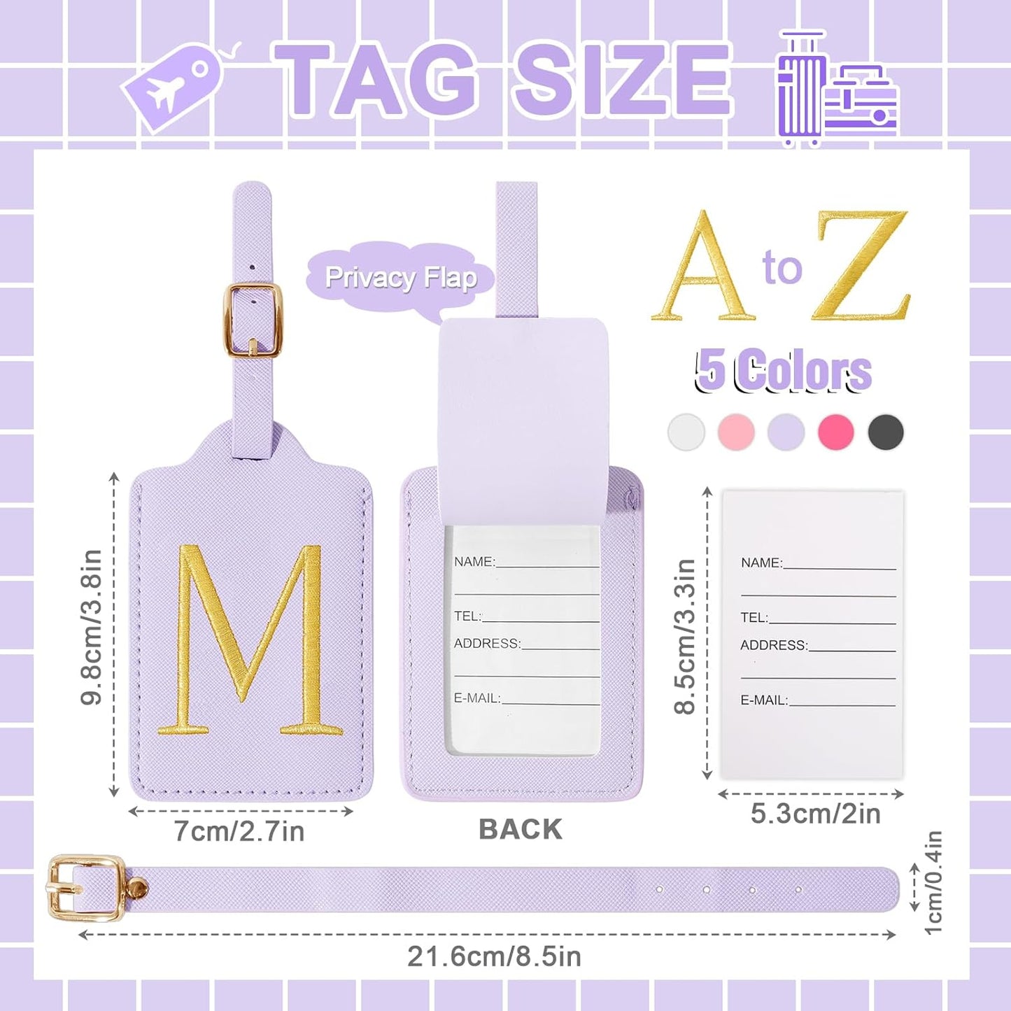 Personalized Initial Luggage Tags for Suitcase, Purple Leather Cute Luggage Tags with Privacy Cover Name Card, Embroidered Custom Monogrammed Luggage Tag Travel Backpack Tags Gifts for Women Kids(M)