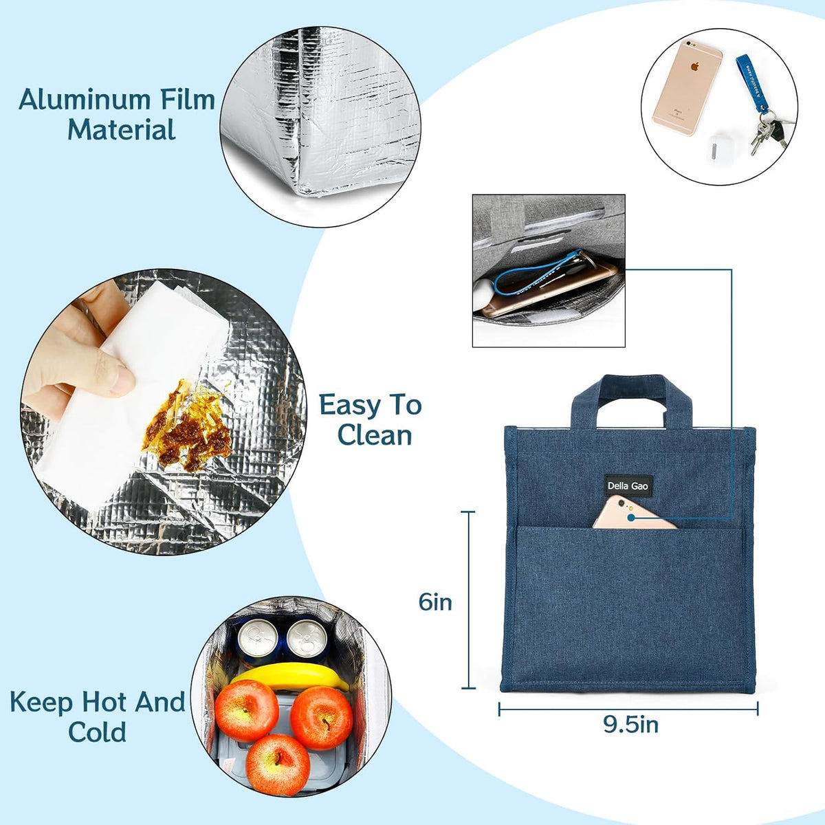 Della Gao Insulated Lunch Bag for Women Men, Waterproof Small Lunch Tote Lunch Box, Reusable Lunch Bags for Work, Party, Travel and Picnic (Blue)