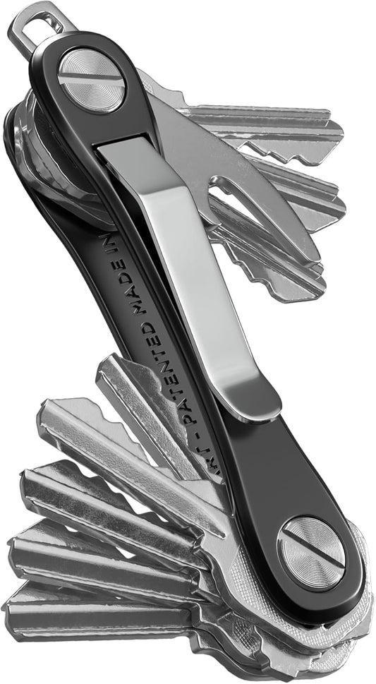 KeySmart Rugged - Multitool Key Holder for Keychain w/Bottle Opener and Pocket Clip, Organizer for Keys, EDC Keychains, Ring for Car Fobs Key Chains, Expandable (Up to 14 Keys, Black)