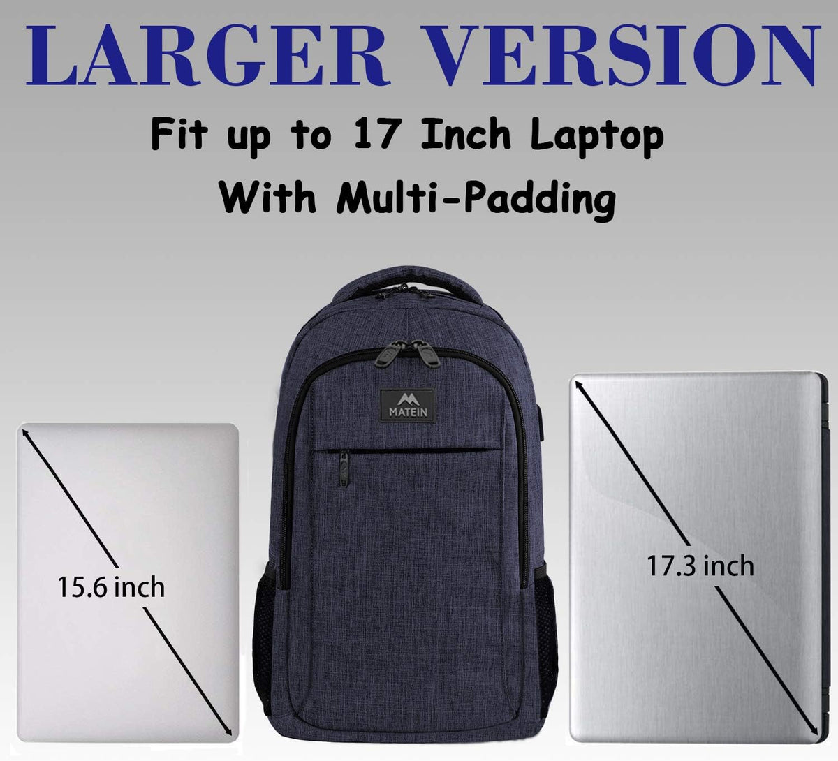MATEIN Large College Backpack, Sturdy Computer Backpack with USB Charging Port Fits 17 inch Notebook, Carryon Luggage Travel Laptop Bag for Business Men and Women Christmas New Year Gift, Blue
