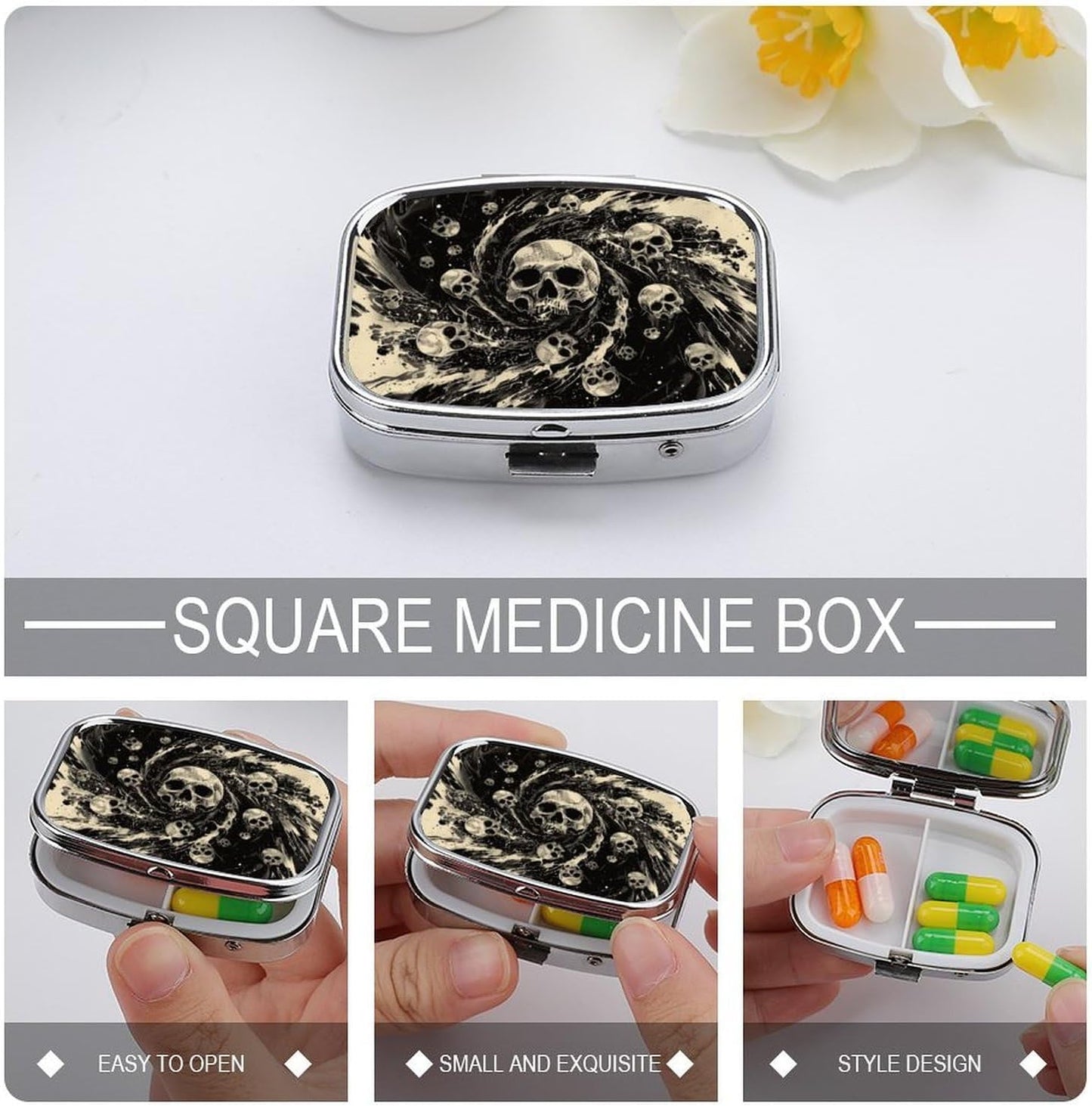 Metal 2 Compartment Pill Organizer Travel Friendly Portable Compact Pill Box Cute Pill Case,for Pocket Wallets Daily Portable Medicine Vitamin Tablet Storage (The Skeleton in The Vortex)