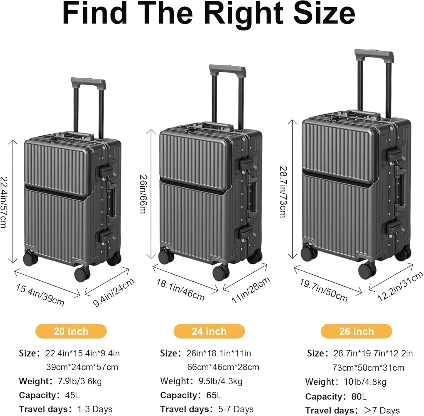 2-Piece Hardshell Zipperless Luggage Set, 20/26" Aluminum Frame Hardshell Spinner Luggage, Airline Approved Carry-On Luggage, TSA Lock, 360° Quiet Wheels With Cup Holder (grey)