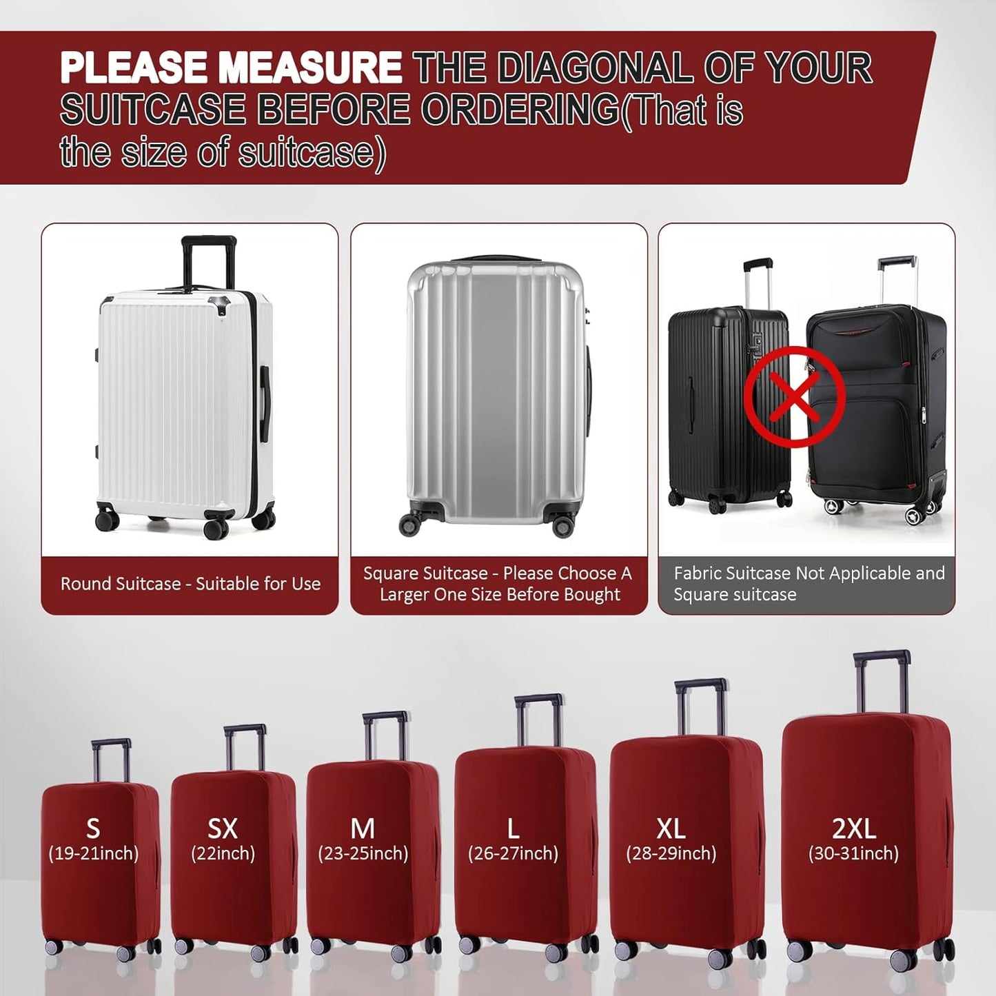 Travel Luggage Cover Suitcase Protector Scratch-Resistant Fit 19-31 Inch Suitcase, Not Included Suitcase (Claret, SX(22-23 inch))
