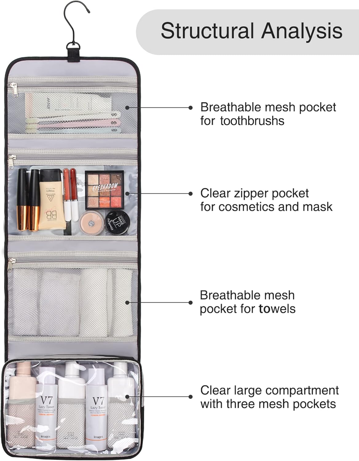 Relavel Travel Hanging Toiletry Bag for Men Women Travel Kit Shaving Bag Waterproof Large Makeup Bag Wash Bag Makeup Organizer Cosmetic Case for Bathroom Shower Black