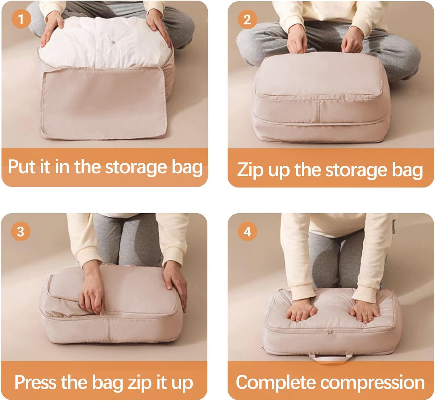 3PCS XL ultra space saving bags self compression organizer bags Space saver bag for comforters storage bag organizer for blankets bedding clothes (Beige-3PCS)
