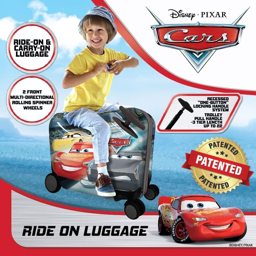 Fast Forward Ride-On 18" Suitcase For Kids/Tow-Along Toddler Carry-On Luggage With Wheels (Cars)
