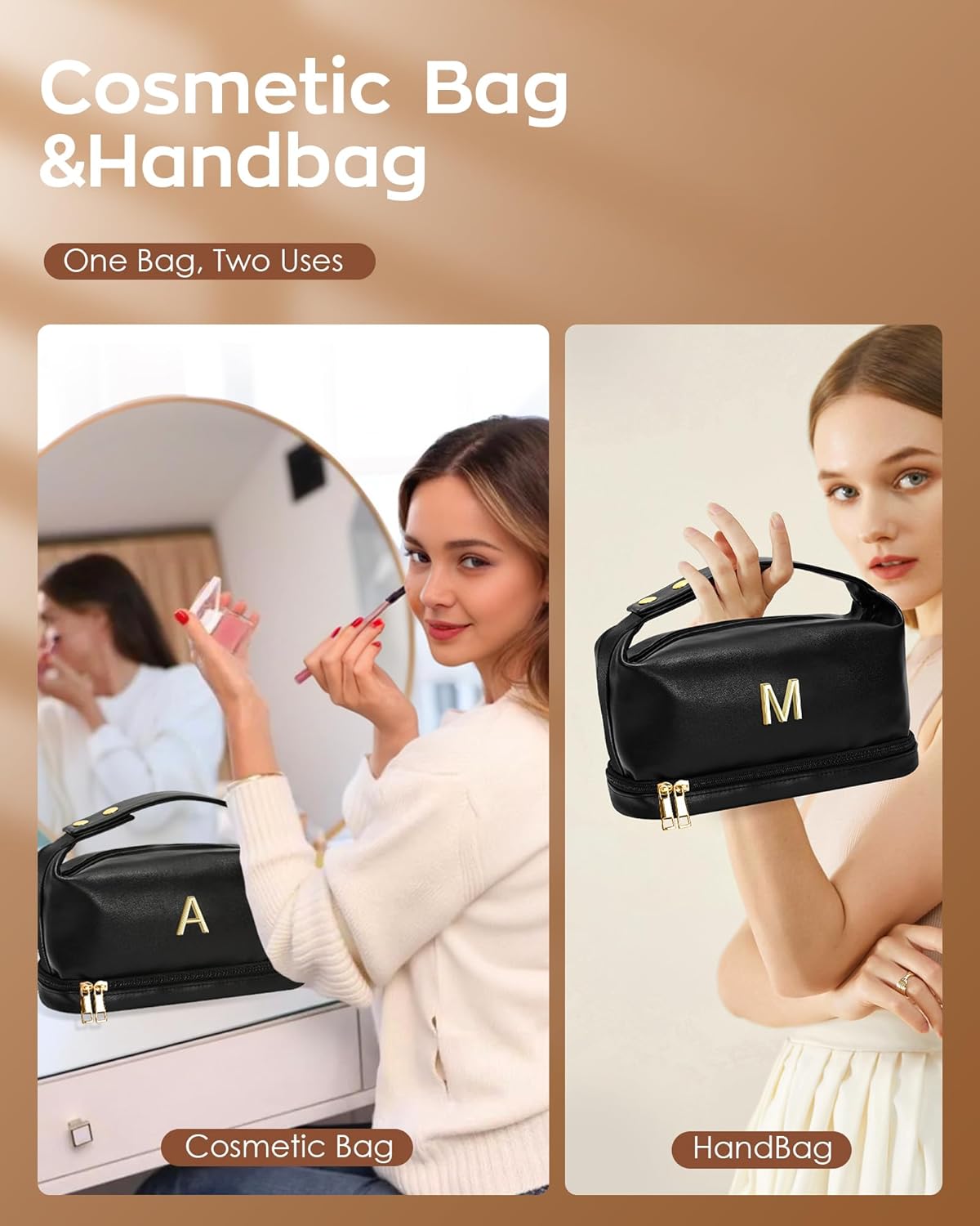 Young Women Gifts, Personalized Makeup Bag with Handle, Cool Gifts for Her Cosmetic Bag with Makeup Brush Organizer, PU Leather Travel Toiletry Bag, Gifts for Friends Female Mom