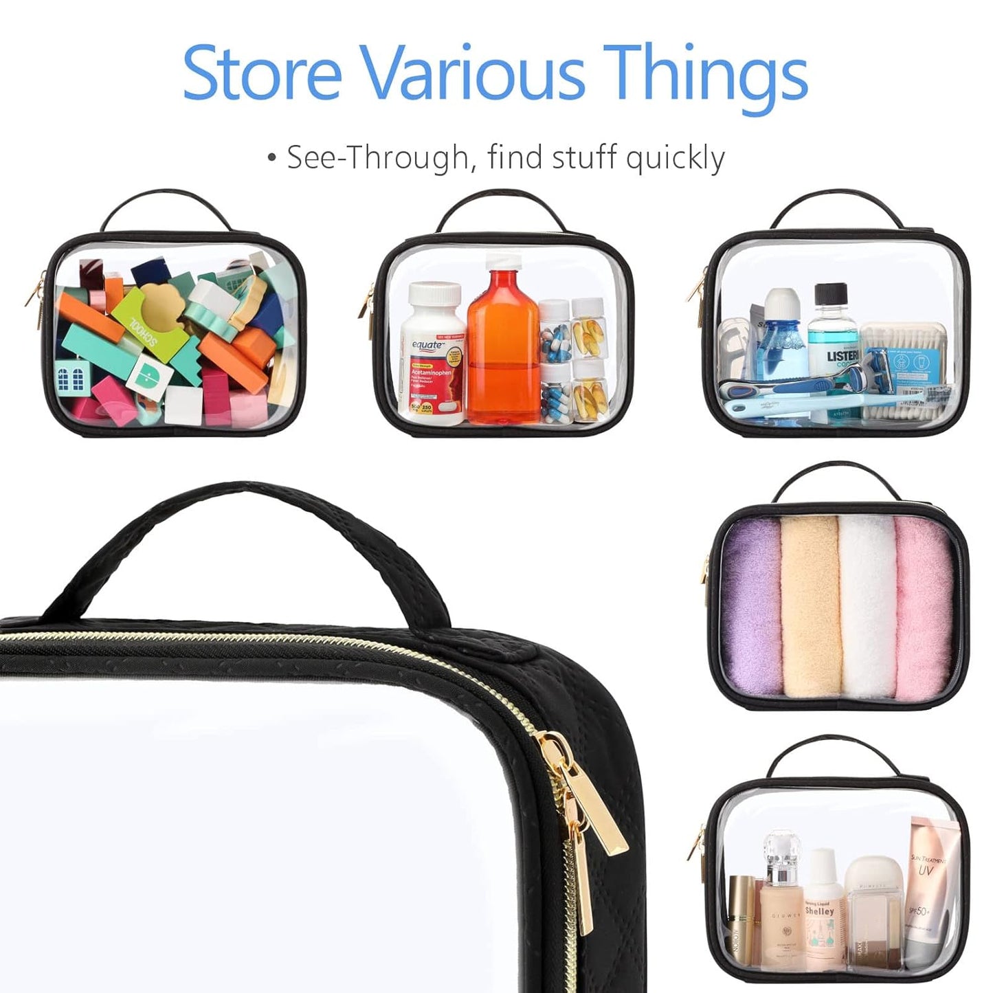 PACKISM TSA Approved Toiletry Bag, 3 Pack Clear Makeup Bags with Handle Large Opening, Clear Toiletry Bags Fit Carry-on Travel Essentials, Quart-sized Travel Bags for Toiletries, Black