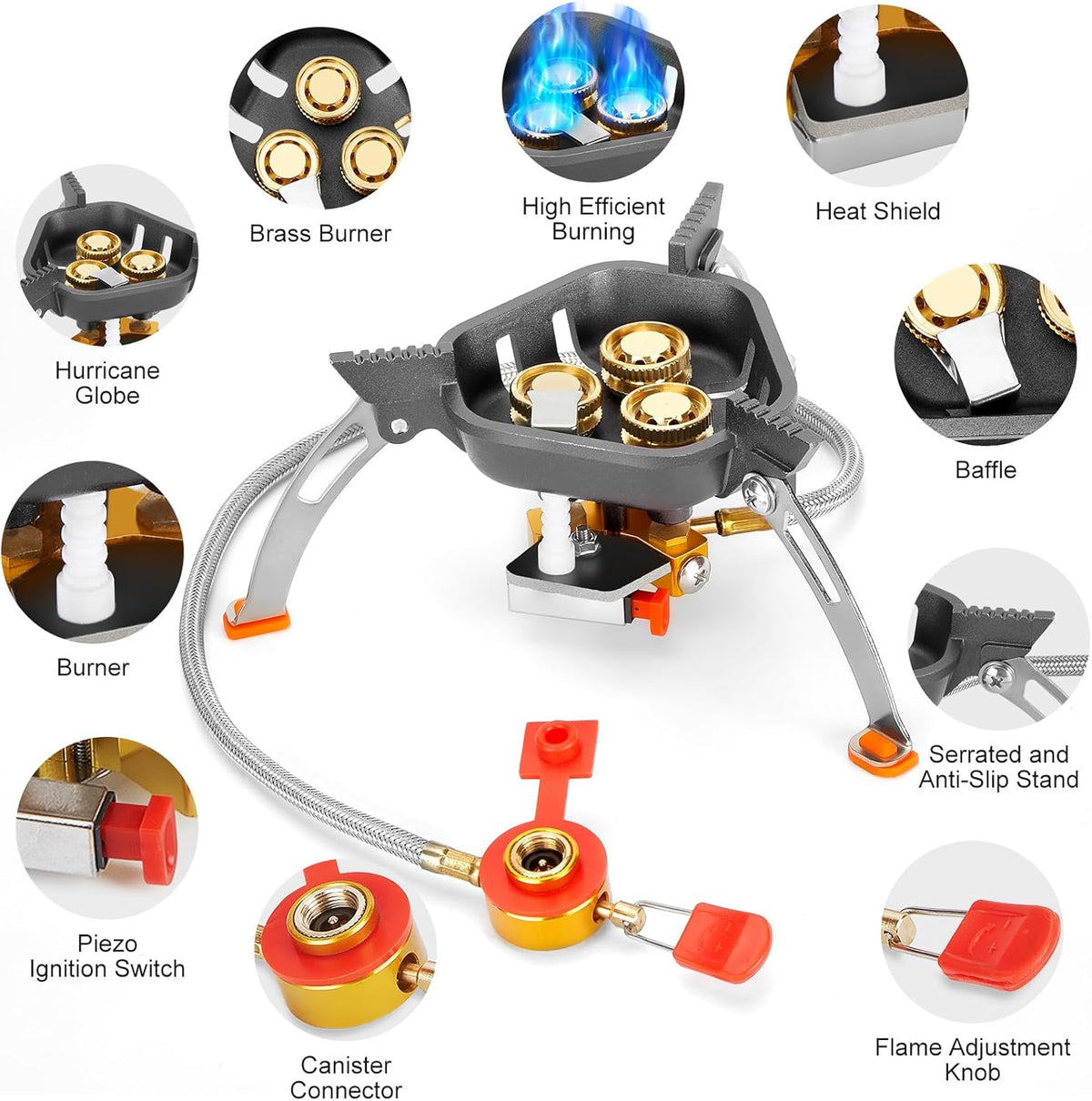 WADEO 7200W Windproof Camping Stove, Camping Gas Stove with Piezo Ignition, Two Fuel Canister Adapter, Carry Case, Portable Stove, Backpacking Stove for Outdoor Backpacking Hiking and Picnic