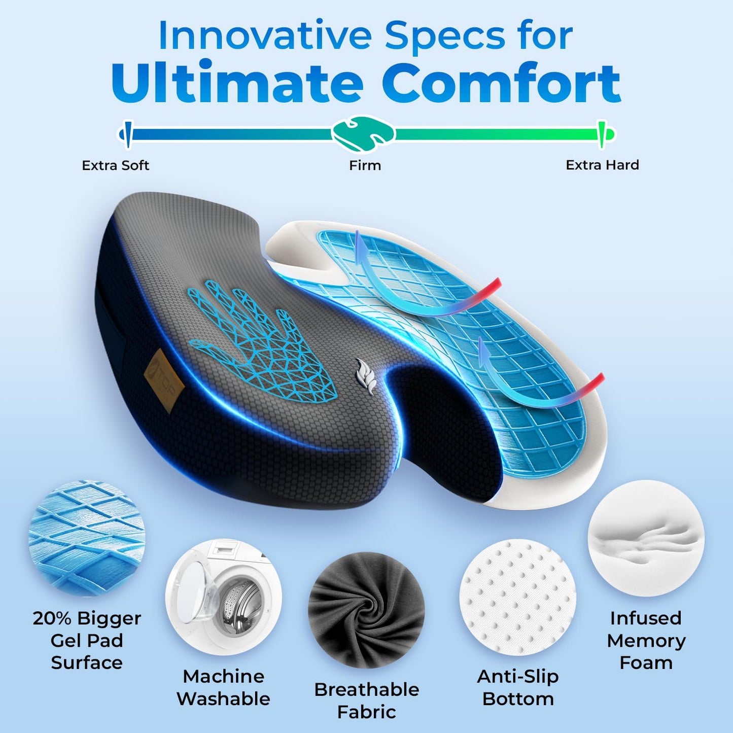 Seat Cushion, BodySync™ Technology with Non-Slip Gel & Memory Foam for Tailbone, Sciatica & Back Pain Relief, Office Chair Cushion, Car Seat Cushions for Driving (Black)