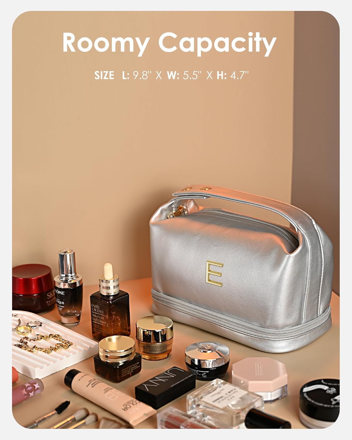 Teenage Girls Gifts Ideas, Personalized Makeup Bag with Handle, Initial Double Layer Cosmetic Bag with Makeup Brush Organizer, Cute Cosmetic Pouch for Women, Gifts for Friends Female Mom