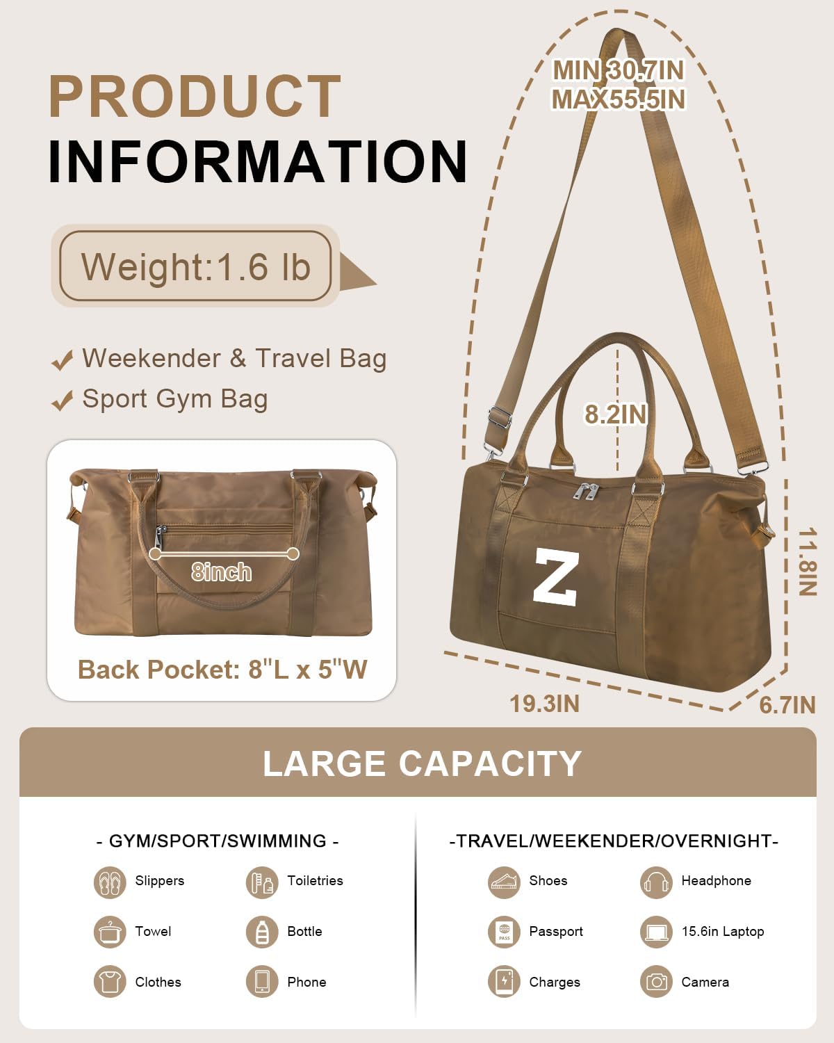 Birthday Graduation Gifts for Daughter,Initial Travel Duffel Bag Sports Gym Bag for Girls Teen Kids Birthday Gifts,Personalized Weekender Bag Carry On Tote Bags Cute Overnight Bag for Women(Brown, Z)