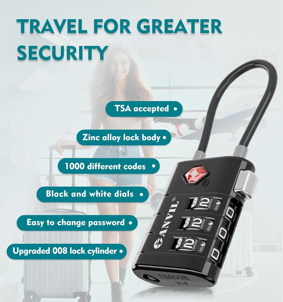 ANVIL TSA Approved Luggage Locks – High Security TSA008 Combination Travel Locks with Inspection Indicator for Suitcases and Backpacks. (4, Black)