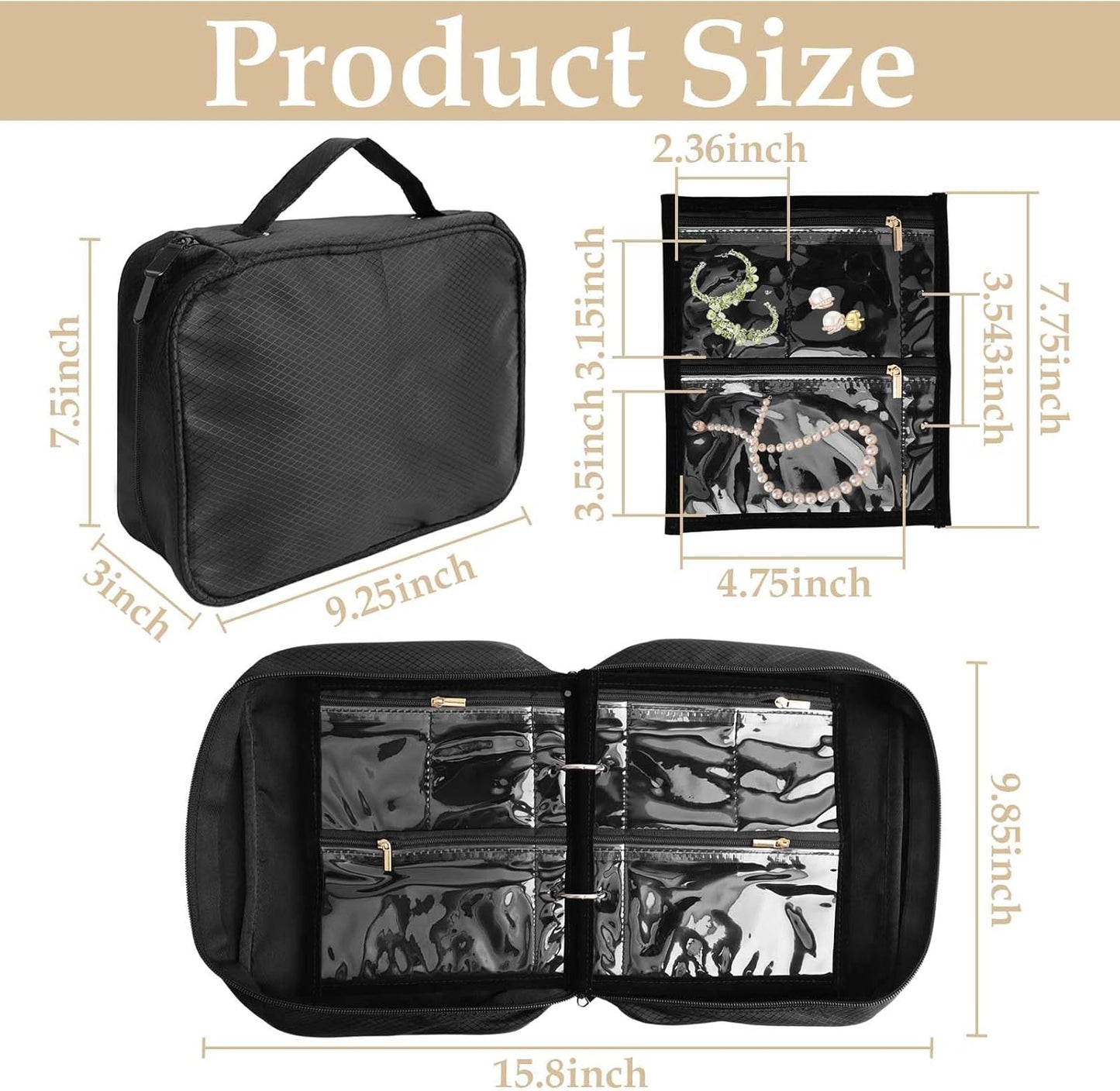 Travel Jewelry Case Organizer for Women, Jewelry Binder with 6 Clear Zipper Pouches