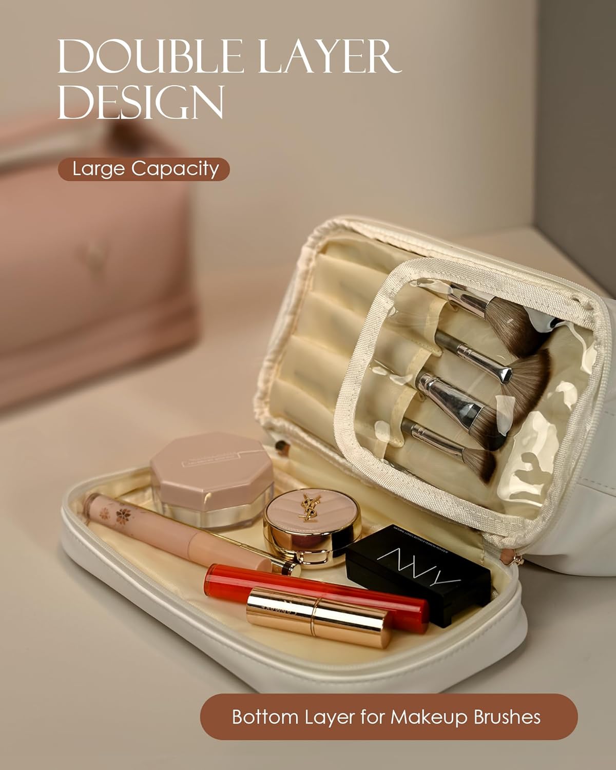 Trendy Gifts for Women, Personalized Makeup Bag with Handle, Initial Double Layer Cosmetic Bag with Makeup Brush Organizer, Cute Cosmetic Pouch for Women, Gifts for 20 Year Old Female