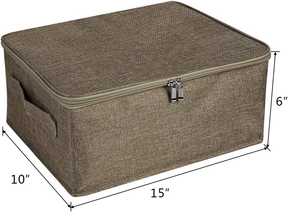 ANMINY 3PCS Storage Bins with Zipper Lids 13 Qt Lidded Fabric Storage Boxes Baskets Cubes with Handles Collapsible Washable Cotton Linen Closet Shelf Clothes Organizer Containers - Coffee, Small