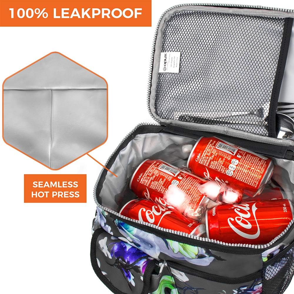 opux Lunch Bag Women Insulated, Adult Lunch Box Cooler, Flower Lunch Box, Dual Compartment Lunchbox for Work, Leakproof Double Decker Lunch Bag, Soft Lunch Pail Tote Girls Kids School, Floral Gray