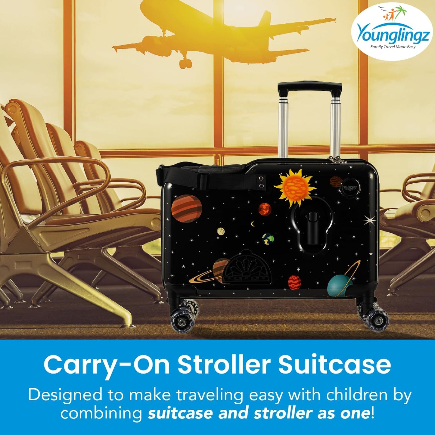 Younglingz LIL FLYER GO Version 2 Ride On Suitcase for Kids | Carry On Luggage with Toddler Seat, Foldable Handlebars, Pedals, and Removable Wheels | Holds up to 80 lbs | SPACE | Ages 2-6