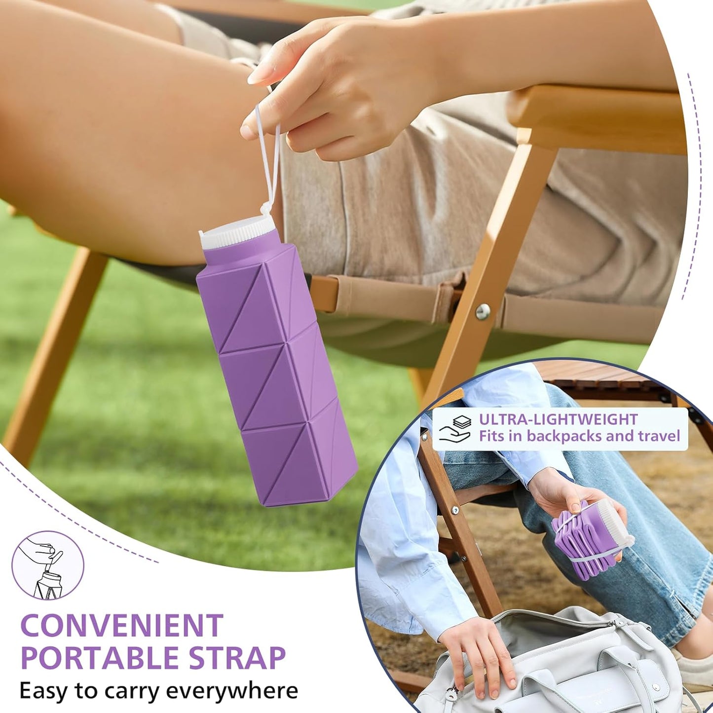 2pcs 610ml Collapsible Water Bottles Upgrade Foldable Water Bottle BPA Free Reusable Lightweight LeakProof Silicone Water Bottles 20.6oz for Travel Gym Hiking Office Camping Sport