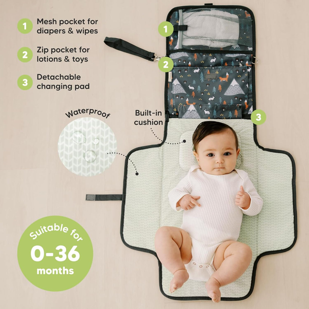 KeaBabies Portable Diaper Changing Pad - Large Waterproof Baby Changing Mat, Compact Travel Diaper Clutch,Functional Pockets Fit Newborn Essentials,Wipeable & Padded Baby Changer(Woods)