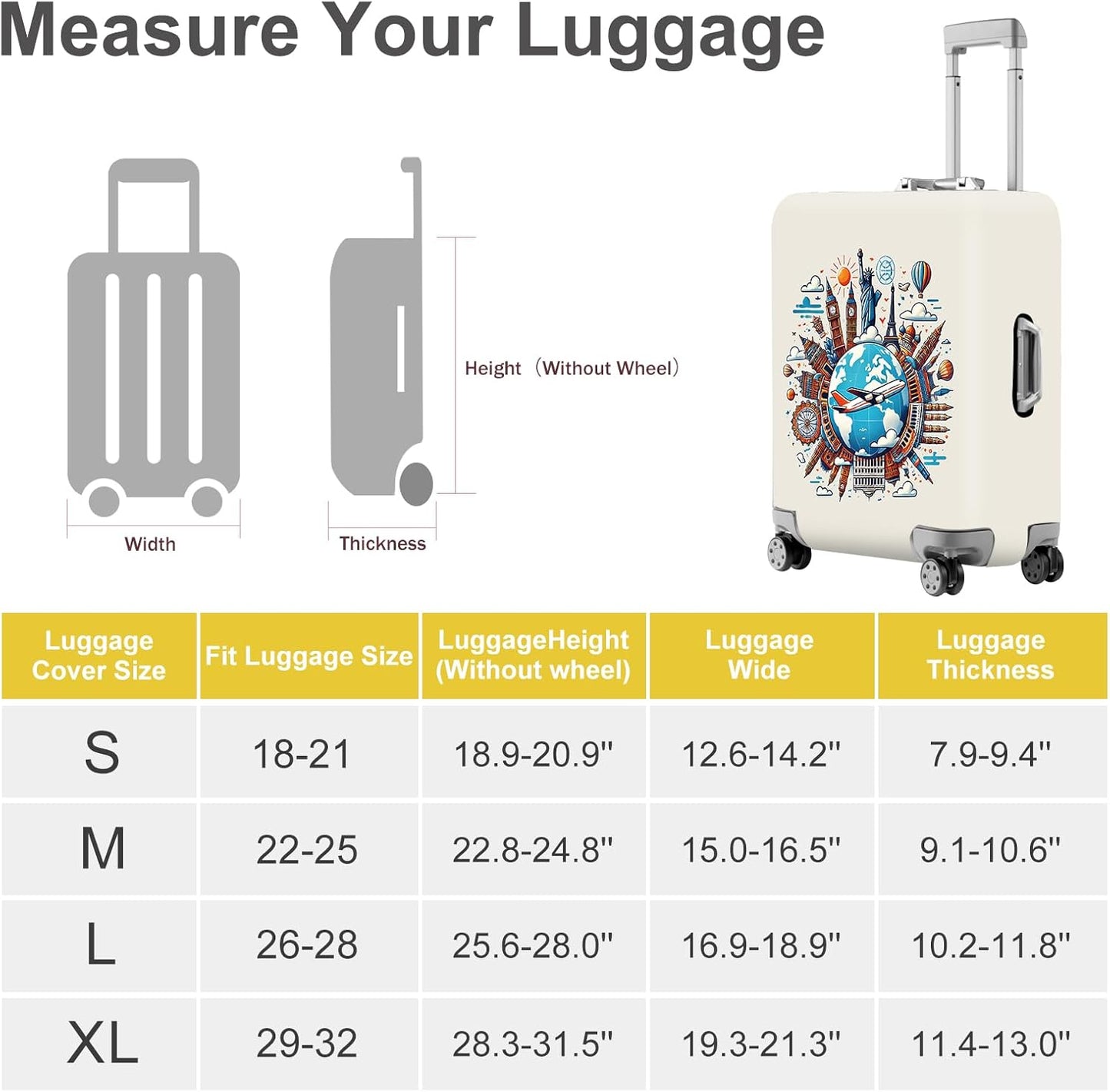 ANNA QUEEN Travel Around the World Luggage Cover, Colorful Landmark Suitcase Protector with Airplane & Globe Design, Stretchable, Washable Travel Sleeve for 28-30 Inch Luggage