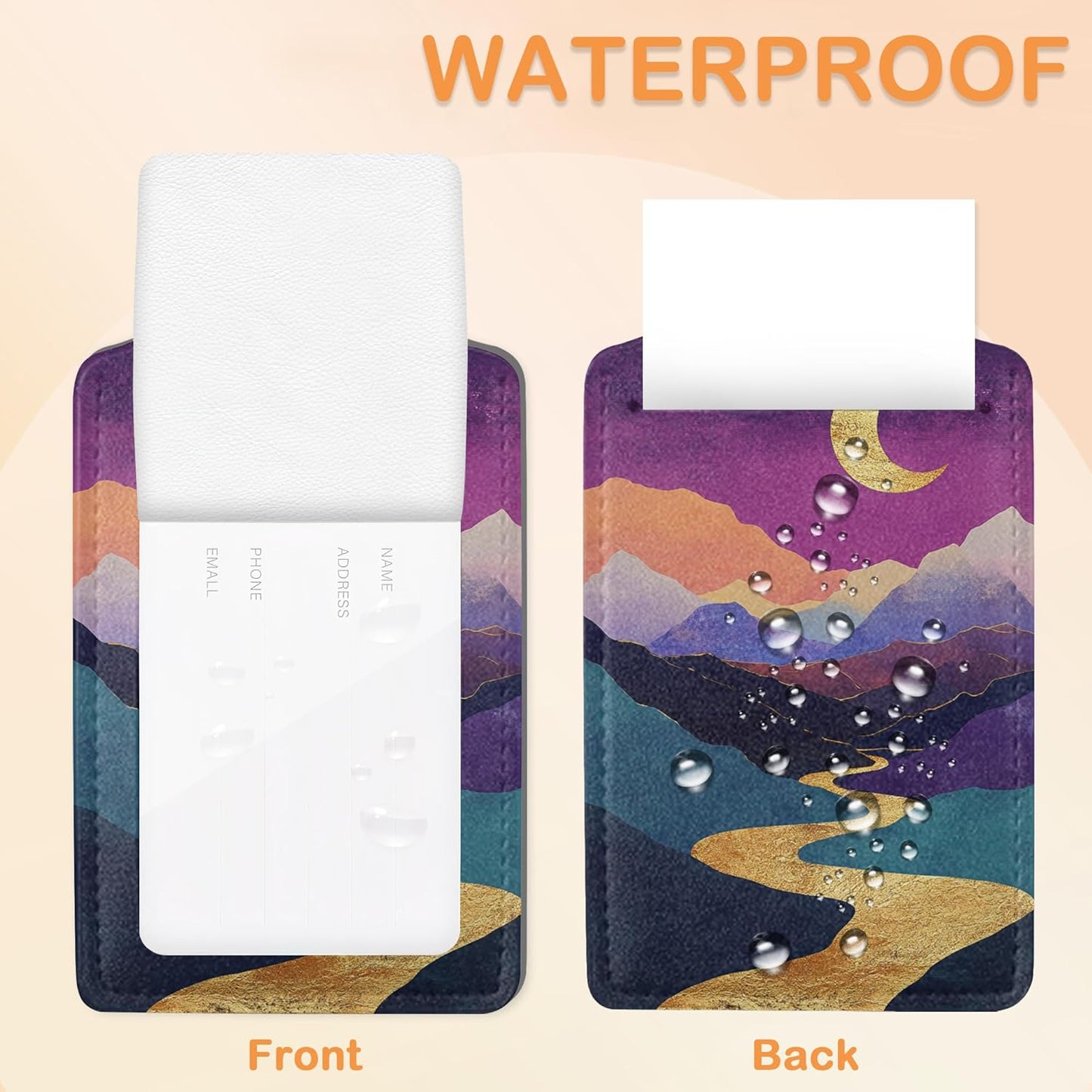 Colorful Abstract Mountain 3 Pack PU Leahter Luggage Tag with Stainless Steel Loop, Bold Golden Sun Crescent Moon Travel Suitcase Labels with Privacy Cover ID Label Quickly Spot for Bags